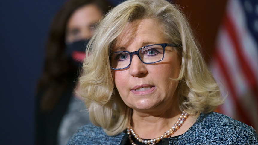 A close-up portrait image US Representative Liz Cheney speaking with reporters in Washington. 