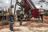 A male geologist sifts through drilling samples next to a drill rig which has a driller at the controls drilling for gold.
