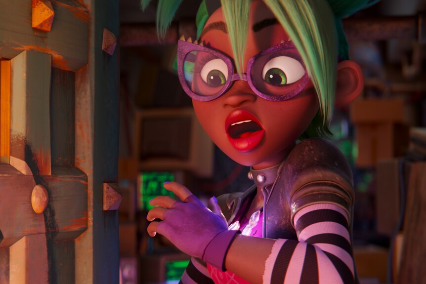 Cartoon PAW Patrol character Victoria Vance - a black woman with green hair, wearing glasses - looks shocked.