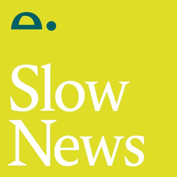 The Slow News podcast logo featuring the title in white on a yellow background, and a small, minimalist sketch of tortoise.
