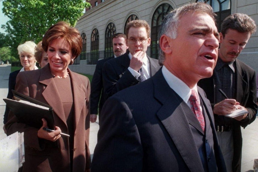 Albert Pirro arriving at US District Court, wife Jeanine Pirro behind him on May 17, 2000.