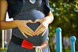 A pregnant woman holds her hands to her belly.