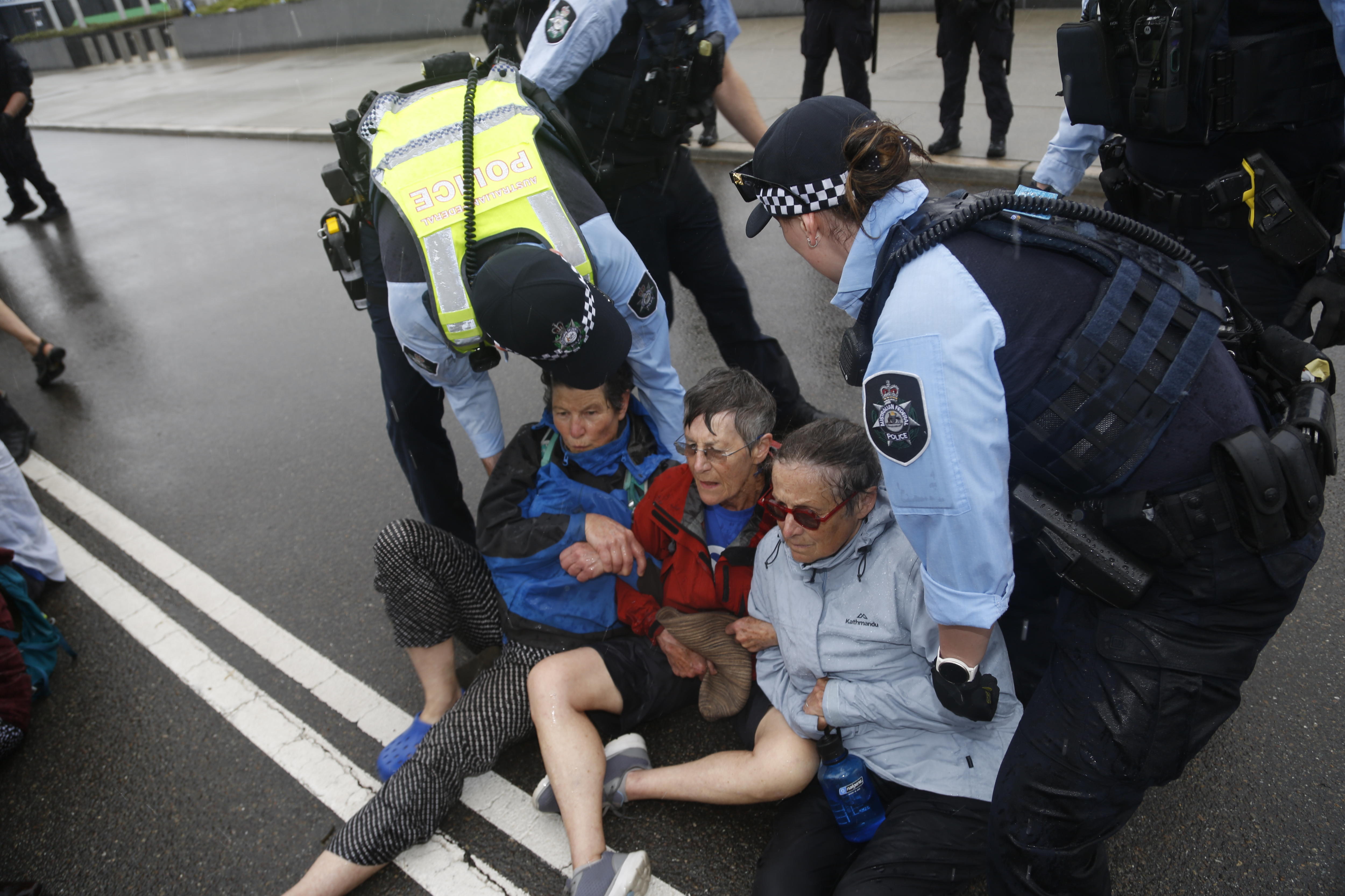 protesters on the ground being pulled up by police
