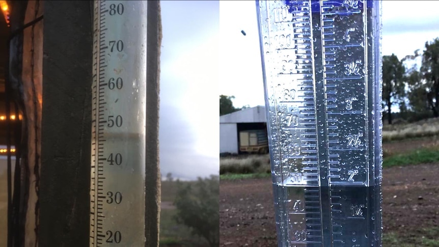 A composite image showing two rain gauges