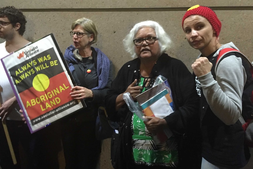 Aboriginal leader Aunty Shirley and fellow protesters at a protest in front of the ABC.
