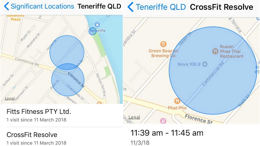 A screenshot of data stored in an Apple iPhone user's frequent locations.