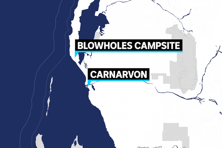 A map of WA with the Blowholes camp and Carnarvon located