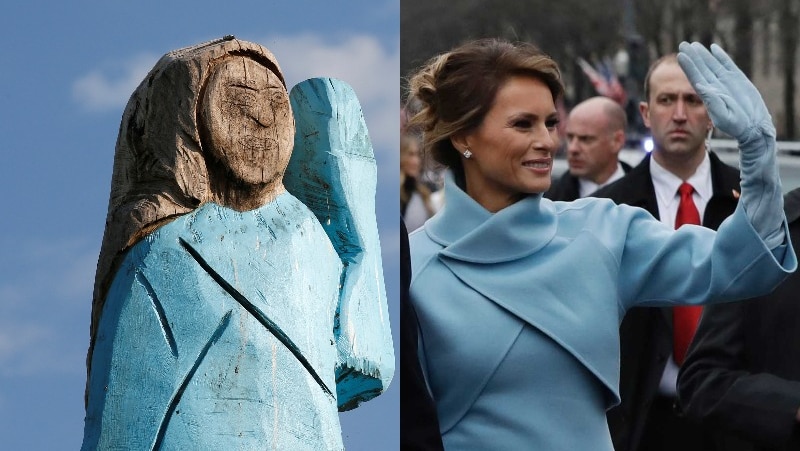 Composite image: Left, a wooden sculpture of Melania Trump; right, photo of  Ms Trump in a similar blue outfit and pose