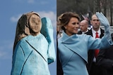 Composite image: Left, a wooden sculpture of Melania Trump; right, photo of  Ms Trump in a similar blue outfit and pose