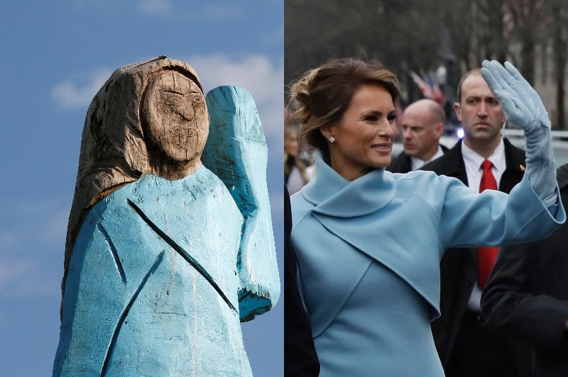 Composite image: Left, a wooden sculpture of Melania Trump; right, photo of  Ms Trump in a similar blue outfit and pose