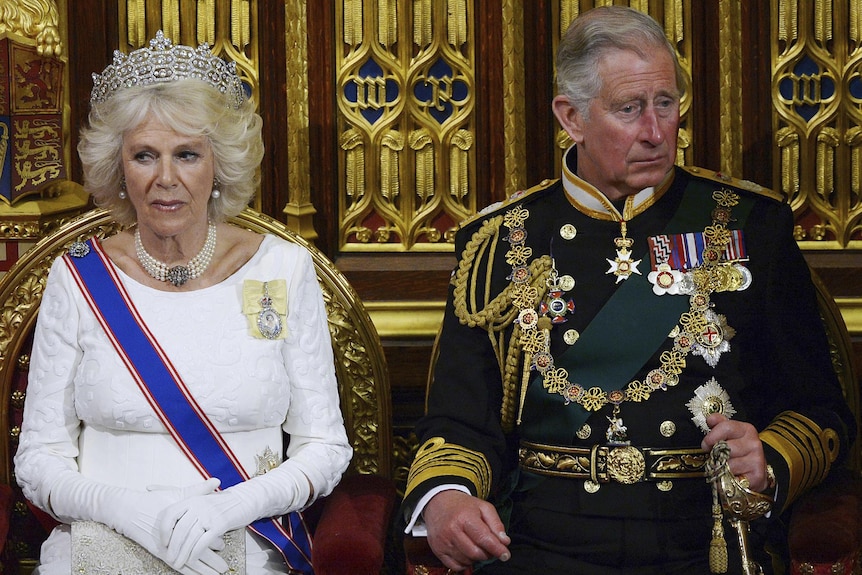 Charles and Camilla sit next to each other listening to a speech by Queen Elizabeth II. 