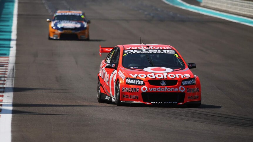 Jamie Whincup on his way to winning race two of the V8 Supercars in Dubai for TeamVodafone Holden.