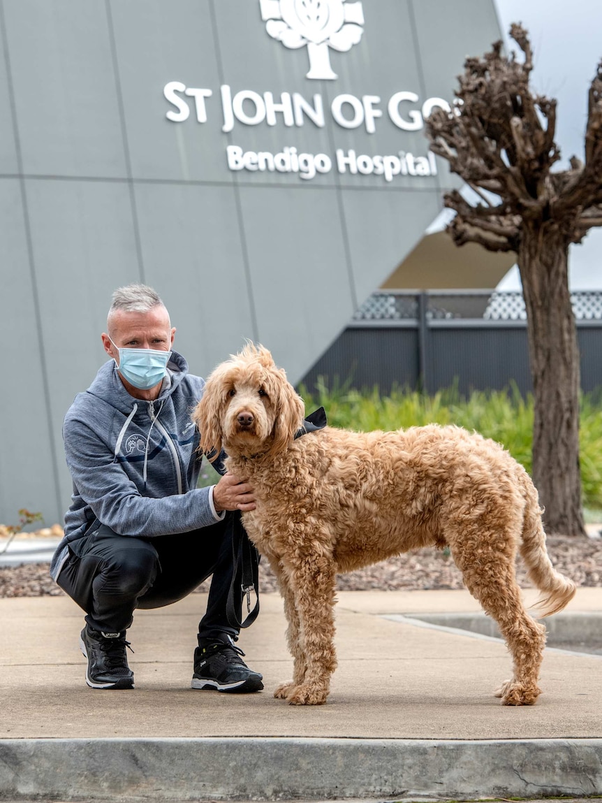 Dogs Connect founder Grant Shannon with Jack to groodle, who visits staff at St John of God hospital in Bendigo.