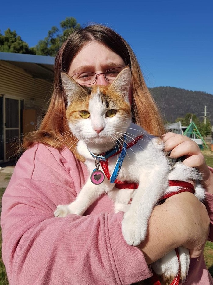 A woman holding a white and ginger cat