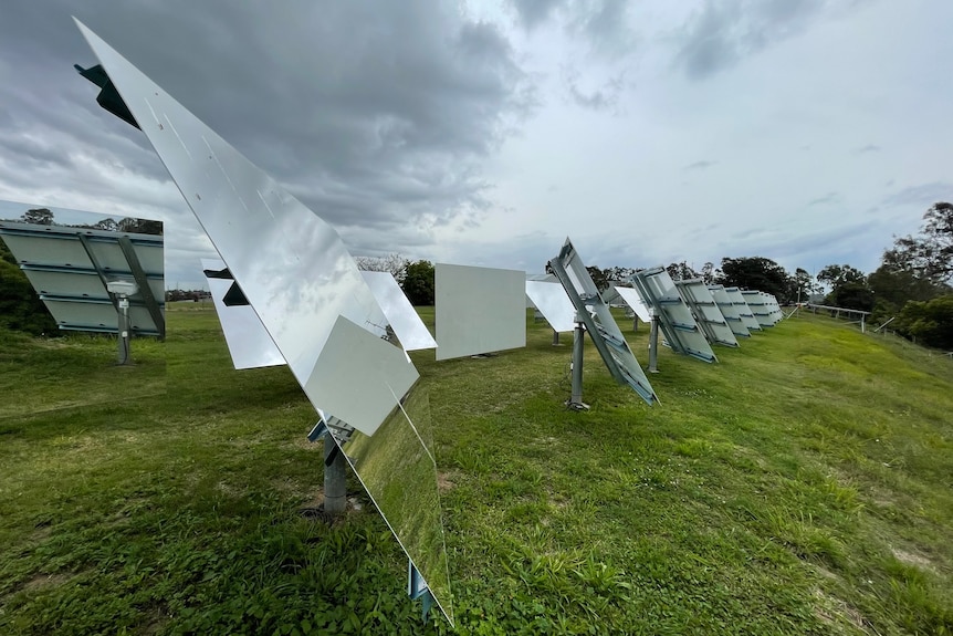 A row of what look like solar panels except clear mirrors in a paddock