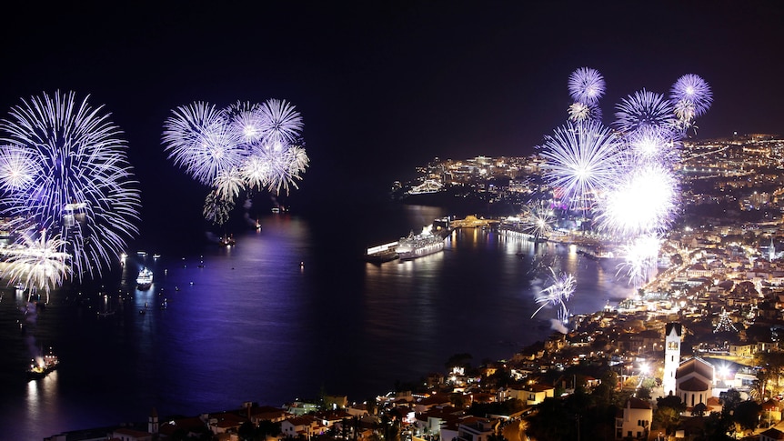 Fireworks light up the sky above Funchal on Madeira Island