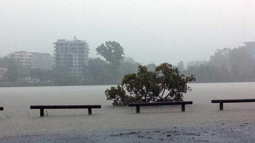 A view of the Brisbane River overflowing from the inner-city suburb of West End.