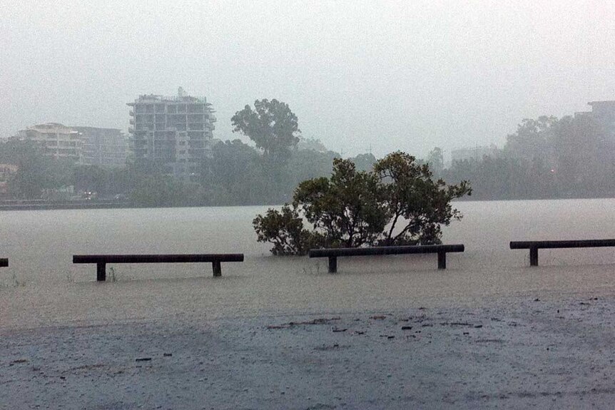 Flooding over a bike path in Brisbane's West End.