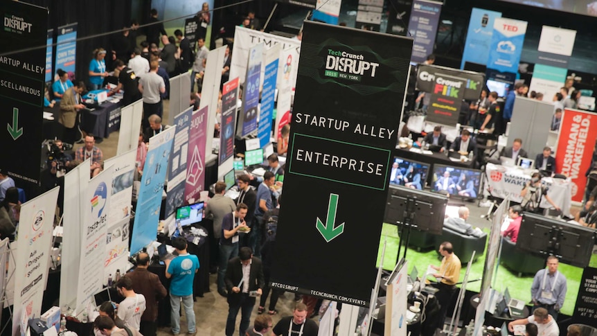 This photo shows booths at a technology conference.