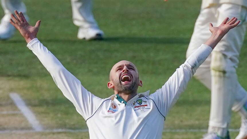 Nathan Lyon throws his hands in the air as he shouts an appeal during a Test against Pakistan.
