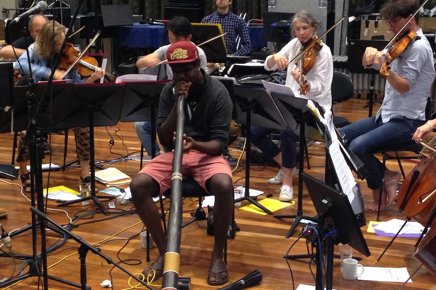 Didgeridoo player Shelton Murray rehearsing with the Australian Chamber Orchestra.