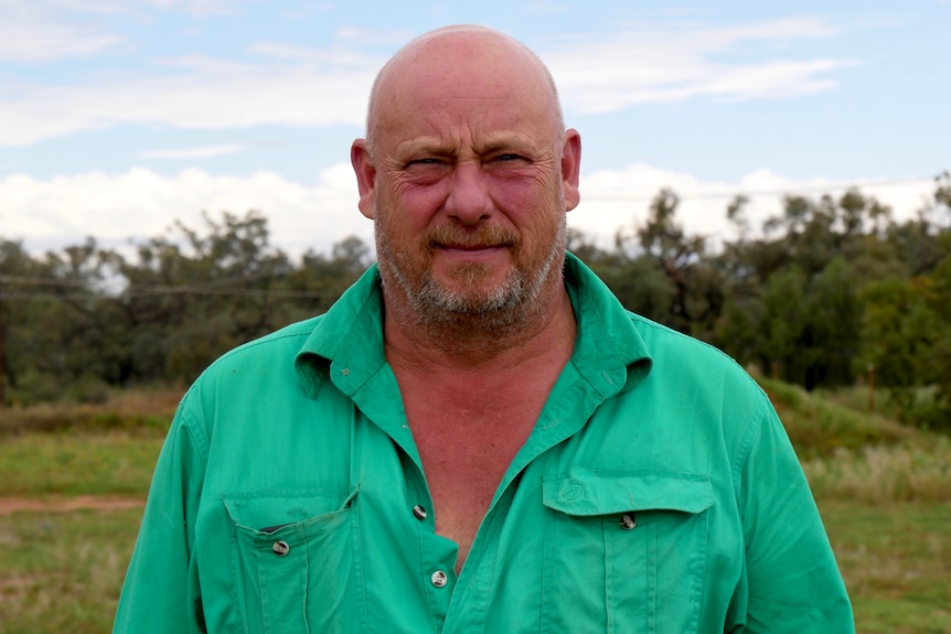 A bald white man wearing a green collared shirt squinting on a partly cloudy day. 