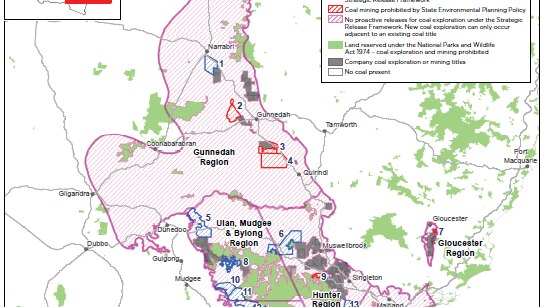 A map showing coal mining areas in NSW and highlighting some areas where future mining will be restricted