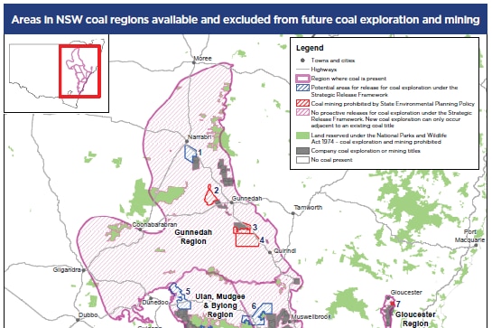 A map showing coal mining areas in NSW and highlighting some areas where future mining will be restricted