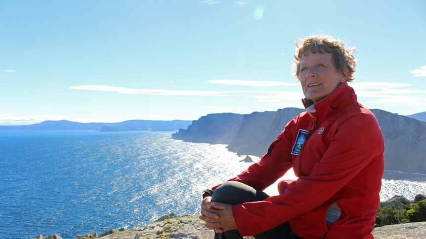 Carol Jackson sits on Tasman Island