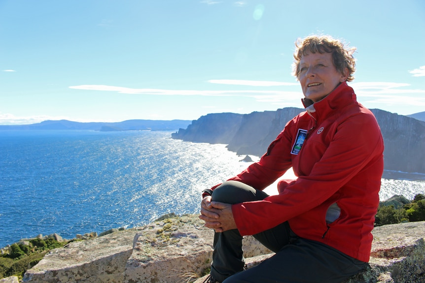 Carol Jackson sits on Tasman Island