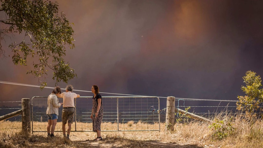 Three people stand at a fence with black, smoky skies in the background.