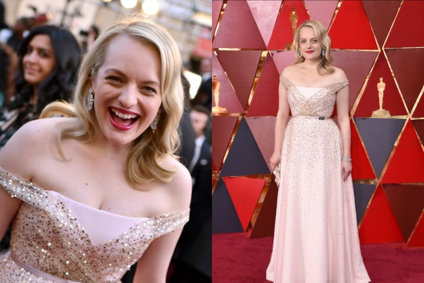 The Handmaid's Tale actress, Elisabeth Moss, in light pink with gold gemstones.