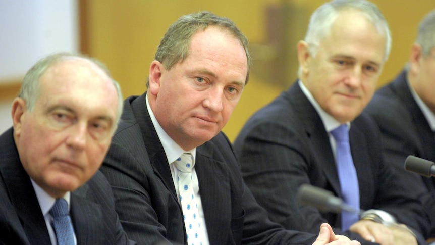 Warren Truss, Barnaby Joyce and Malcolm Turnbull in shadow cabinet meeting