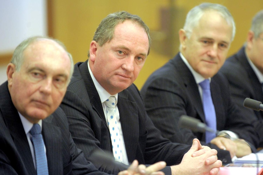Warren Truss, Barnaby Joyce and Malcolm Turnbull in shadow cabinet meeting