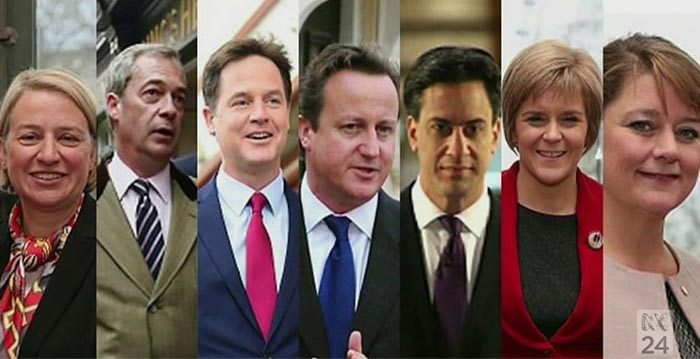 Natalie Bennett, Nigel Farage, Nick Clegg, David Cameron, Ed Miliband, Nicola Sturgeon and Leanne Wood
