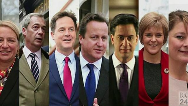 Natalie Bennett, Nigel Farage, Nick Clegg, David Cameron, Ed Miliband, Nicola Sturgeon and Leanne Wood