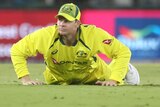 An Australian male cricket player lies on the ground while fielding in an ODI against India.