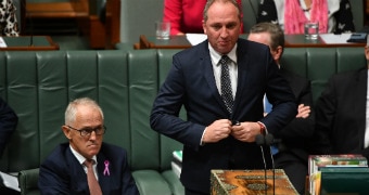 Barnaby buttons his blazer as turnbull looks angry in the house of reps