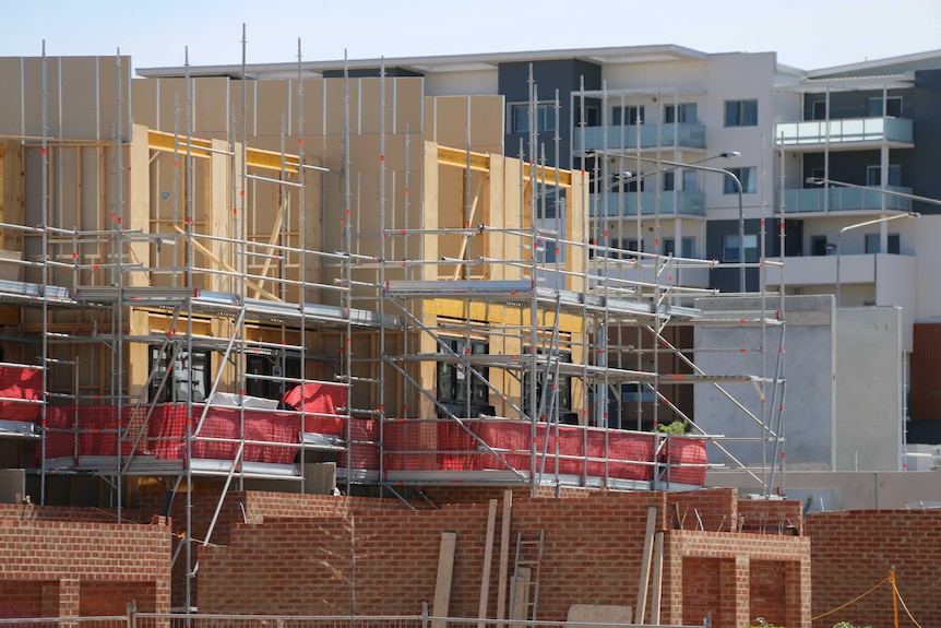 Close-up of construction scaffolding.