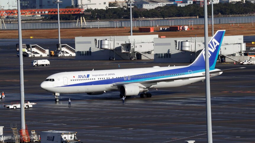 A plane with ANA livery on the tarmac of an airport.