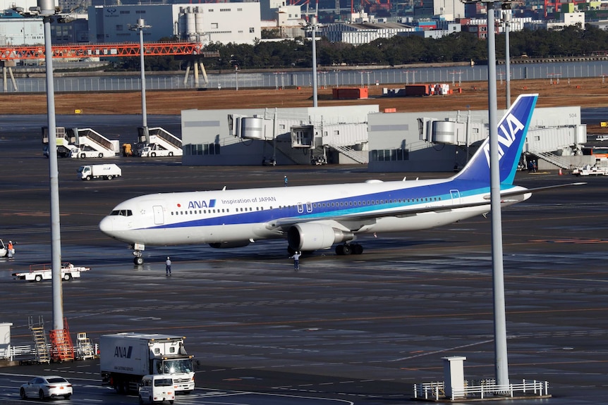 A plane with ANA livery on the tarmac of an airport.