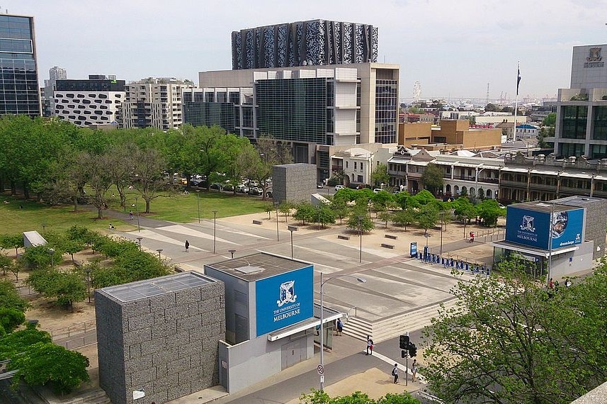 A photo taken from above showing university square at the University of Melbourne.