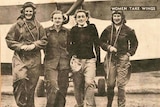 A black and white photo of four women in pilot attire linking arms, smiling