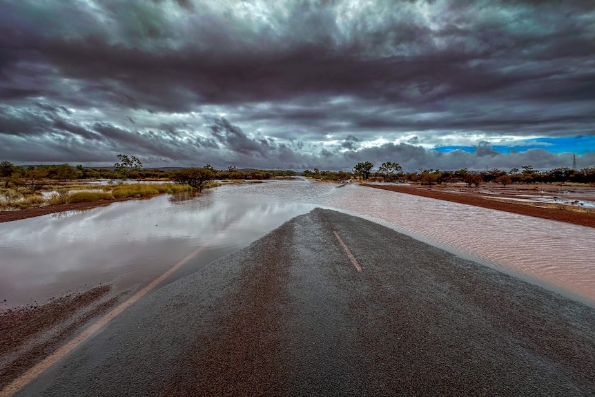 Water lying over a flooded road