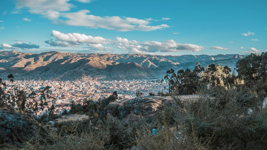 View of Cusco at dusk, Peru, from around Qenqo