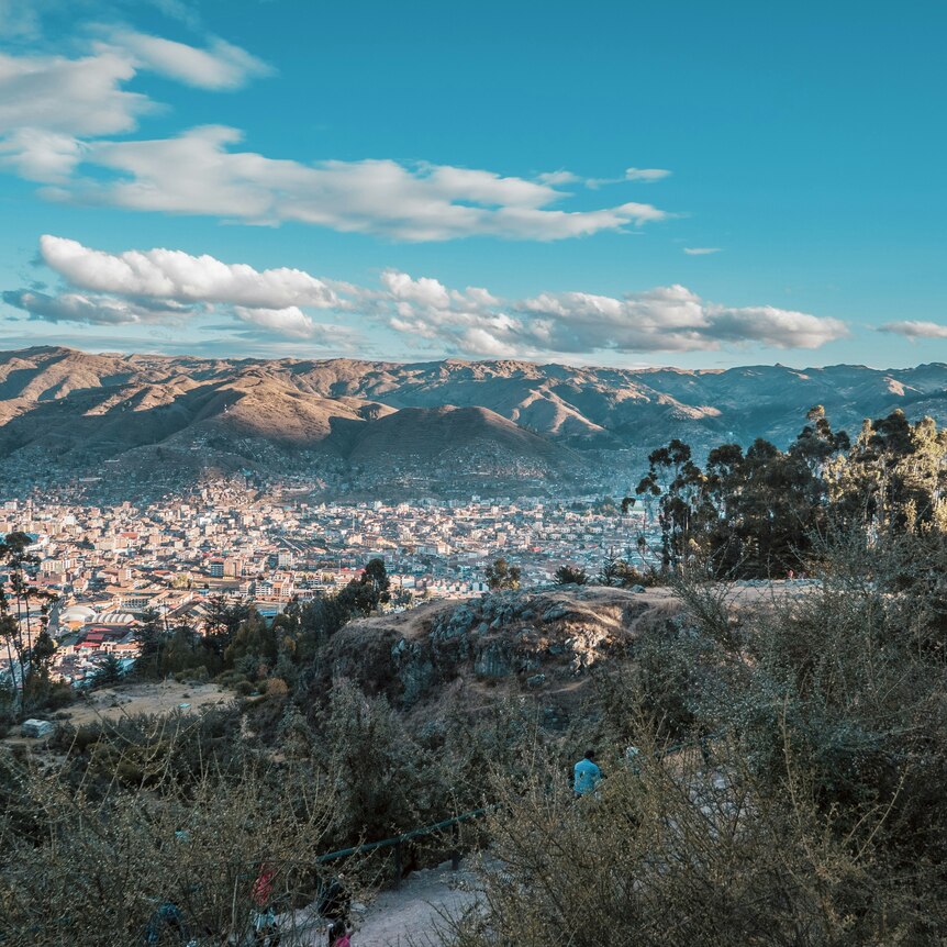 View of Cusco at dusk, Peru, from around Qenqo