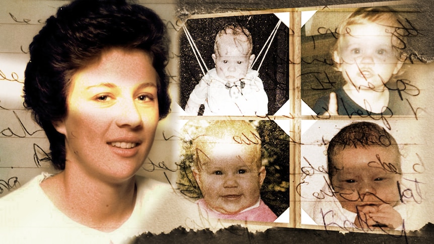 A composite image with sepia tones of a woman's face, and four baby photographs.