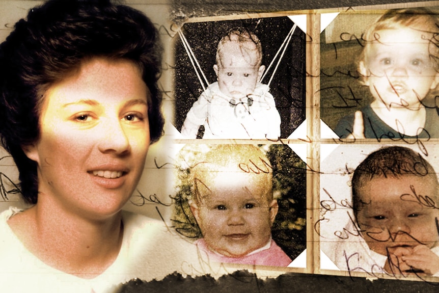 A composite image with sepia tones of a woman's face, and four baby photographs.