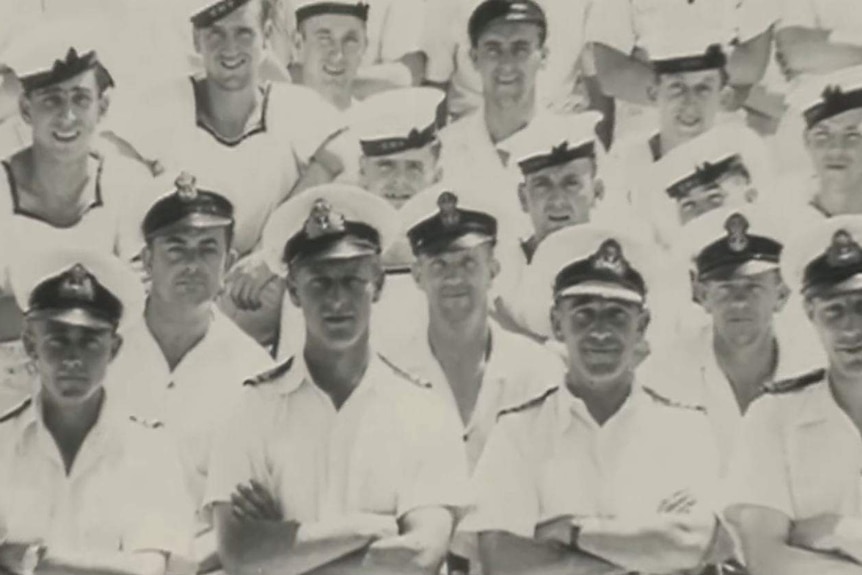 A black and white photograph of crew in the Royal Navy, including Philip, later the Duke of Edinburgh.