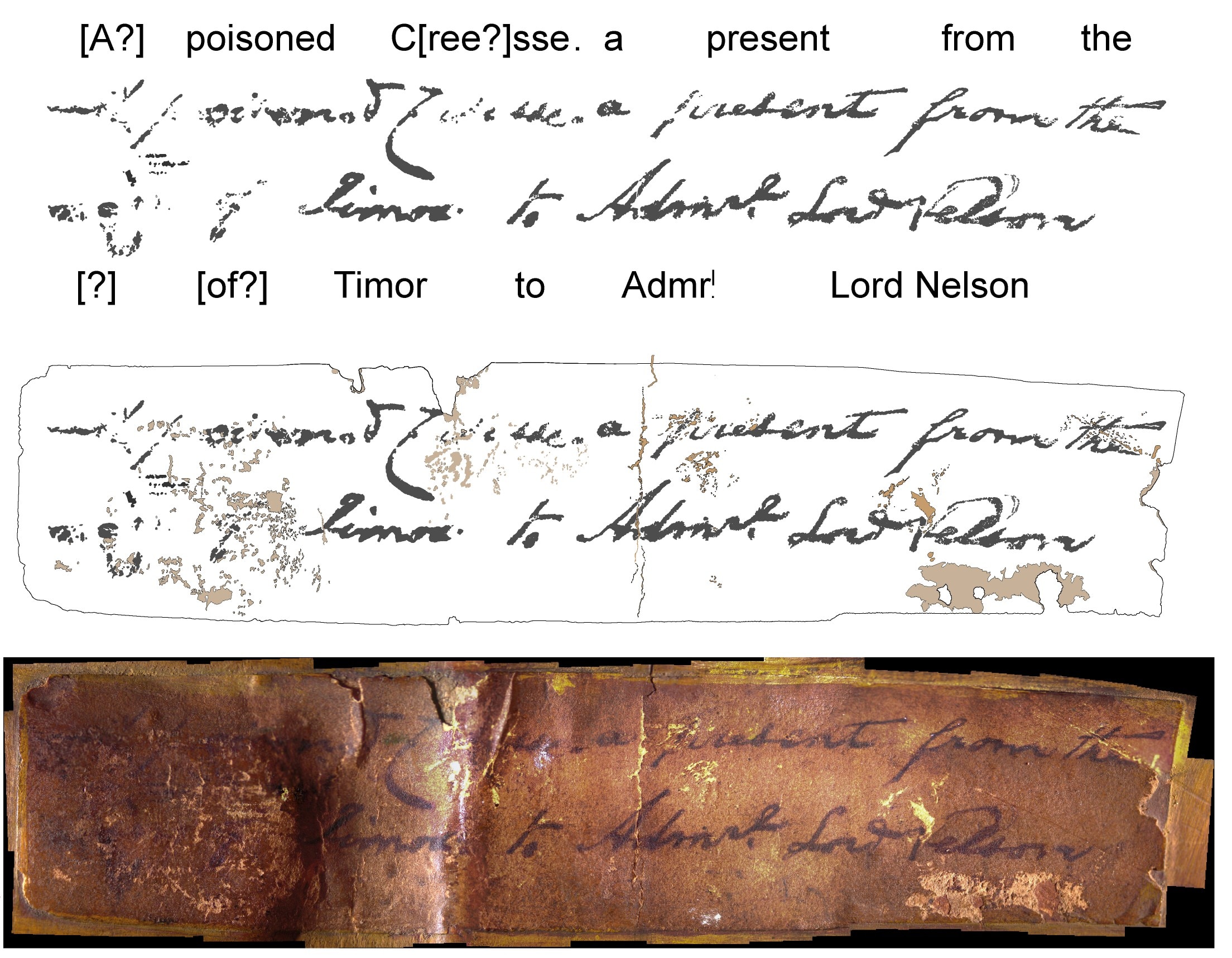 An old faded label that reads: A poisoned creesse, a present from the something of Timor to Admiral Lord Nelson.